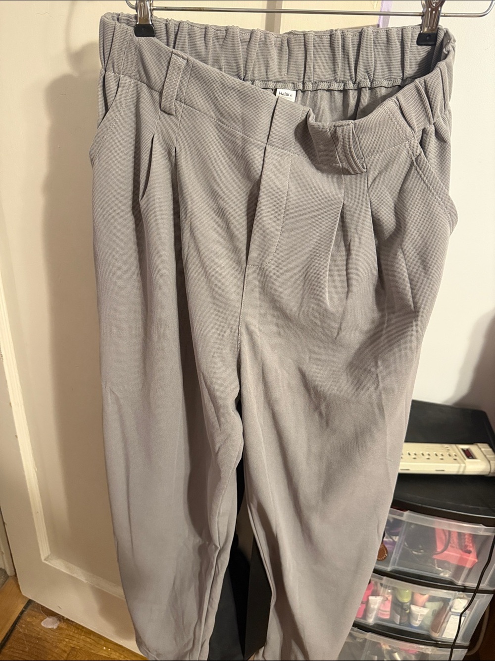 Women's Light Gray Pleated Dress Pants with Elastic Waist